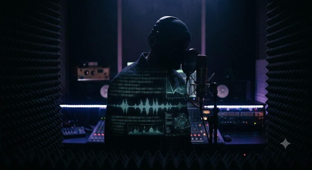 A silhouette of an artist singing in a dark studio, covered by glowing holographic AI data.