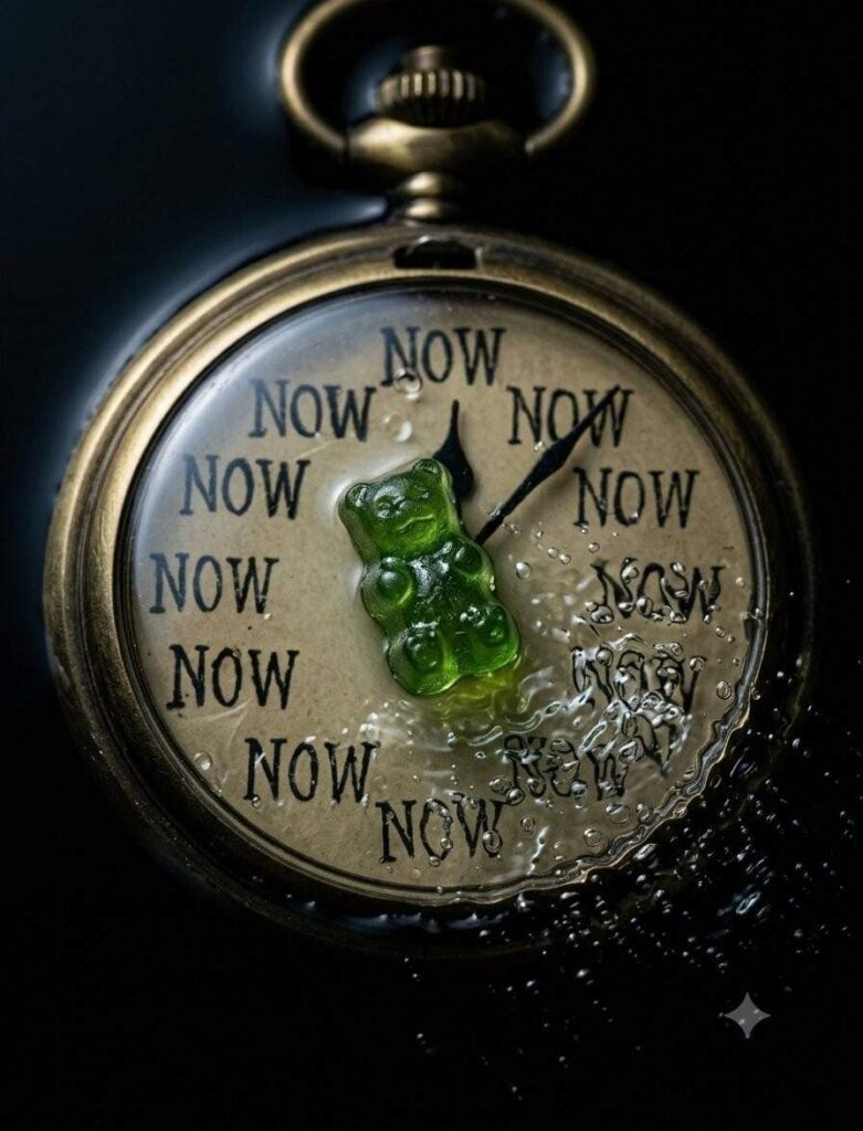 THC gummy centred on a clock with all its numbers replaced with 'now'.