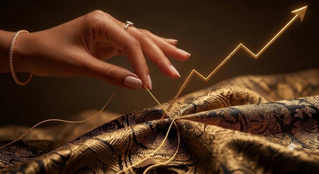 A close-up of an elegant hand holding a golden thread stitching together designer fabric, the thread continuing off-frame like a stock market growth graph.