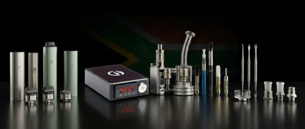 A professional product lineup of multiple vaporizers, a glass rig, and accessories on a dark, reflective surface with a muted South African flag background.