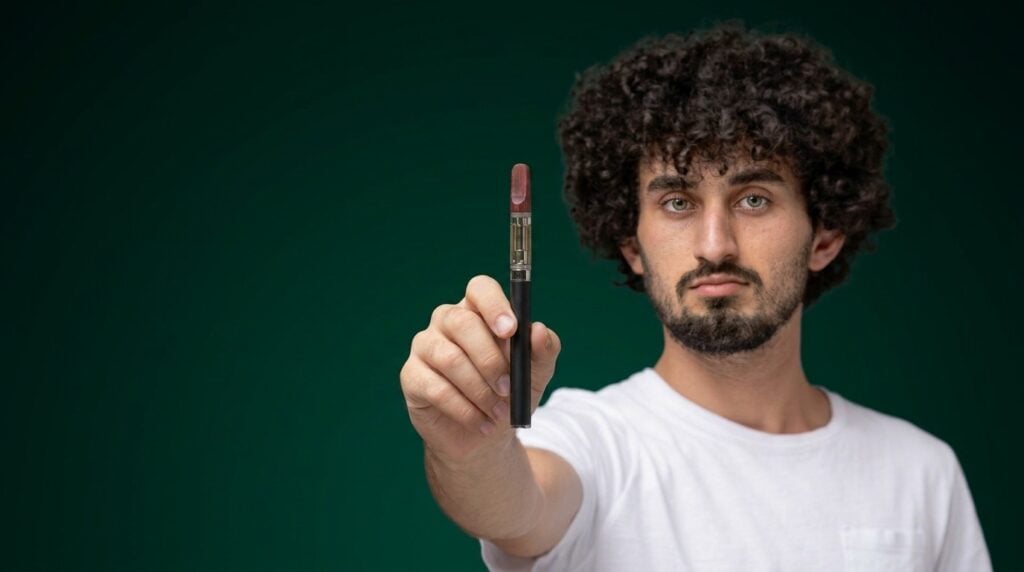 Man in a white t-shirt holding a slim black vape with a wooden mouthpiece, dark green background.