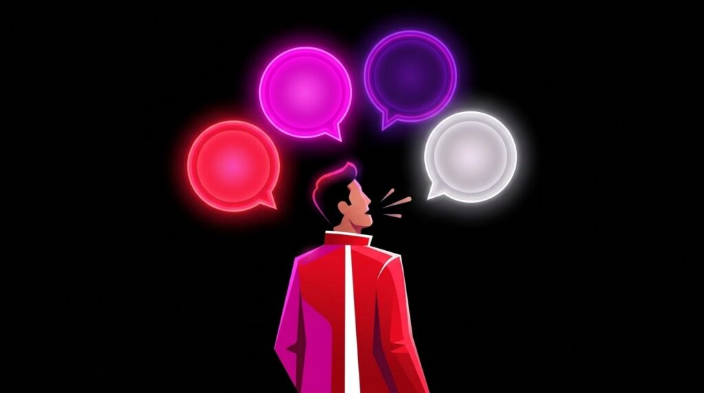 Illustration of a man in a red jacket talking to himself, with four glowing neon speech bubbles floating above him.