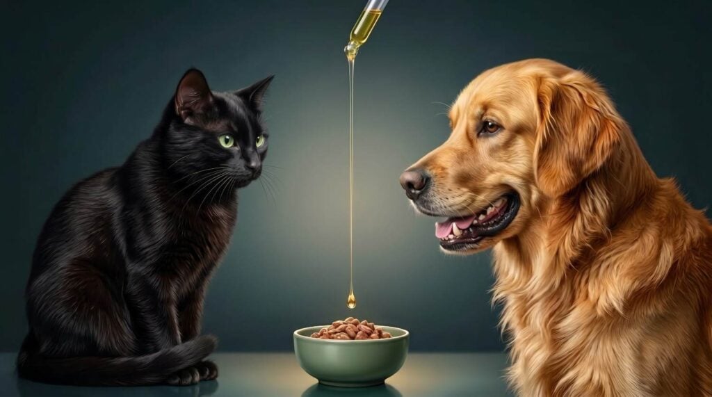 A dropper adds CBD oil to a bowl of food between a black cat and a golden retriever